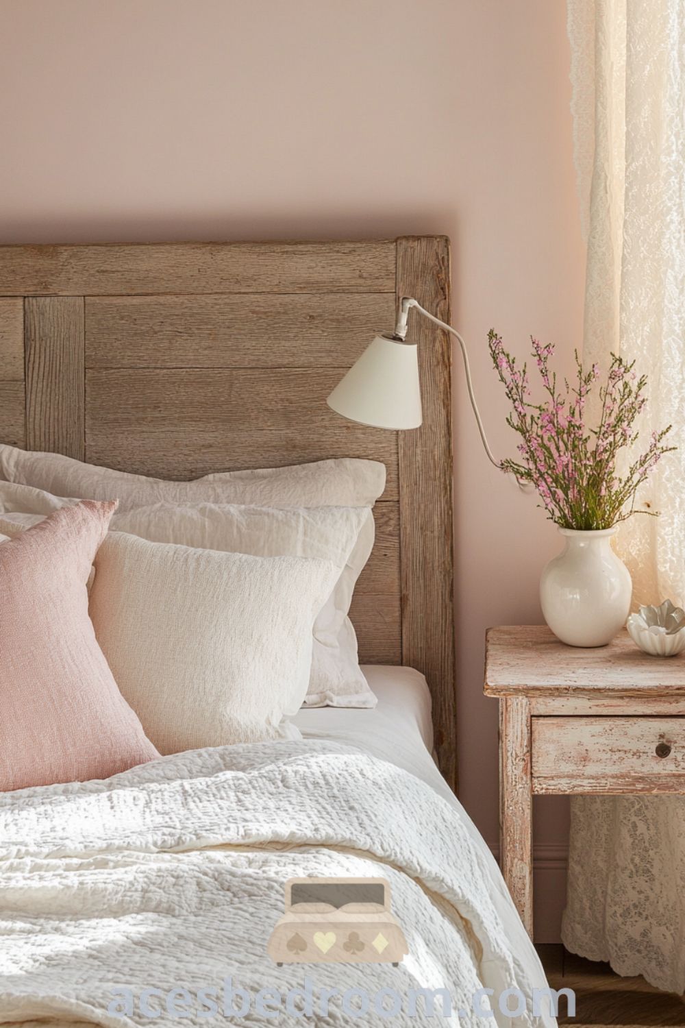 Cozy French country bedroom featuring soft pink walls, a weathered wooden headboard, a light linen quilt, pastel cushions, a rustic bedside table, and a ceramic lamp creating a warm ambiance, with sunlight filtering through lace curtains for a serene environment, showcased on acesbedroom.com.