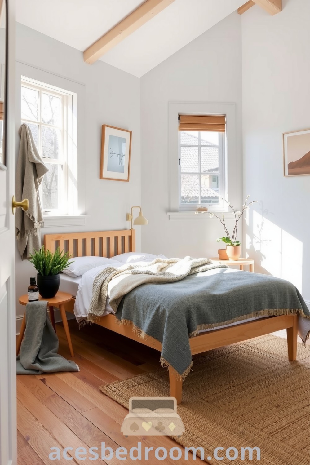 Cozy Scandinavian bedroom featuring soft white walls, a light wooden bed frame, gray and cream wool blanket, minimalistic decor, potted greenery, and a woven jute rug, creating a warm and inviting atmosphere, showcased on acesbedroom.com.