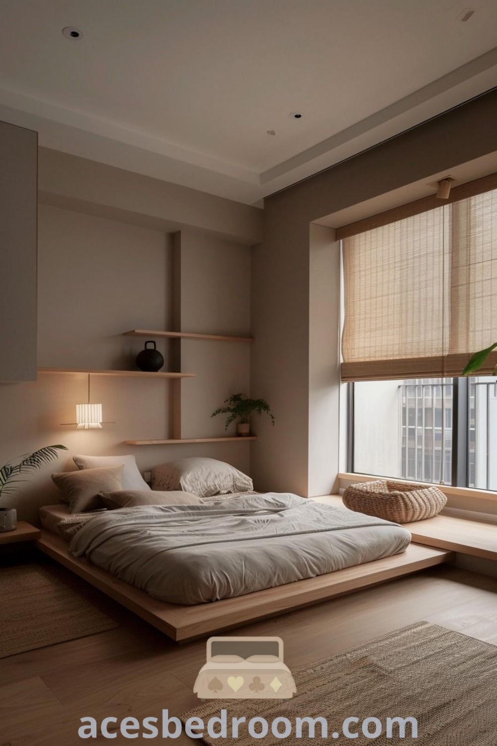A cozy bedroom with a large bed next to a window, showcasing small bedroom window ideas that maximize light and space. This design offers stylish decor inspirations for simple minimalist apartments and cozy home aesthetics. Explore more design ideas at acesbedroom.com.