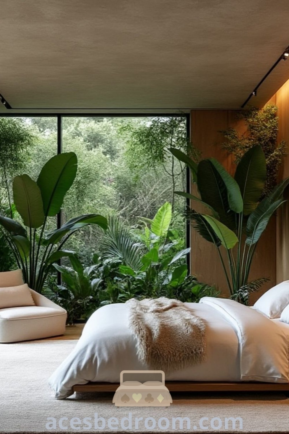 A large bed in a cozy living room with a plant-filled wall, showcasing Costa Rica interior design with layered bedding and stylish decor ideas from acesbedroom.com. This inviting space offers unique inspirations for creating a warm and sophisticated look in your home.