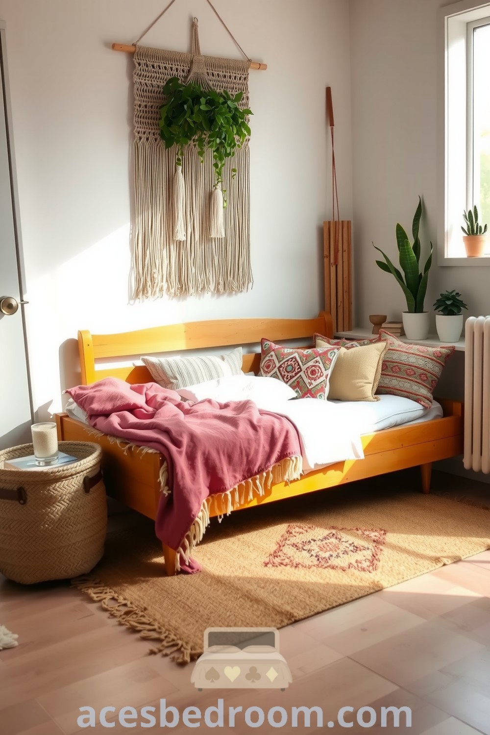 Cozy boho bedroom featuring white-washed walls, a well-loved wooden bed frame with vibrant textured blankets, a jute rug, macramé wall hangings, and potted plants for a warm and sophisticated look, featured on acesbedroom.com.