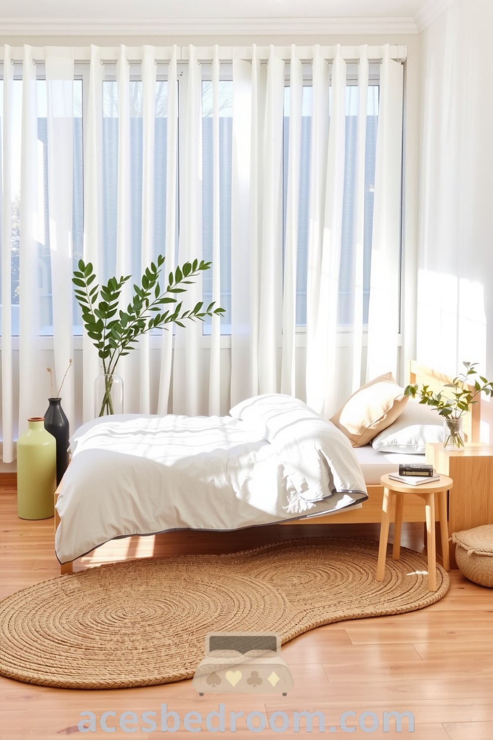 Cozy Scandinavian bedroom featuring sunlight filtering through sheer white curtains, light wood bed frame, pale gray linen duvet, plush woven rug, and minimalist decor with greenery and ceramic vases for a warm and sophisticated look, showcased on acesbedroom.com.