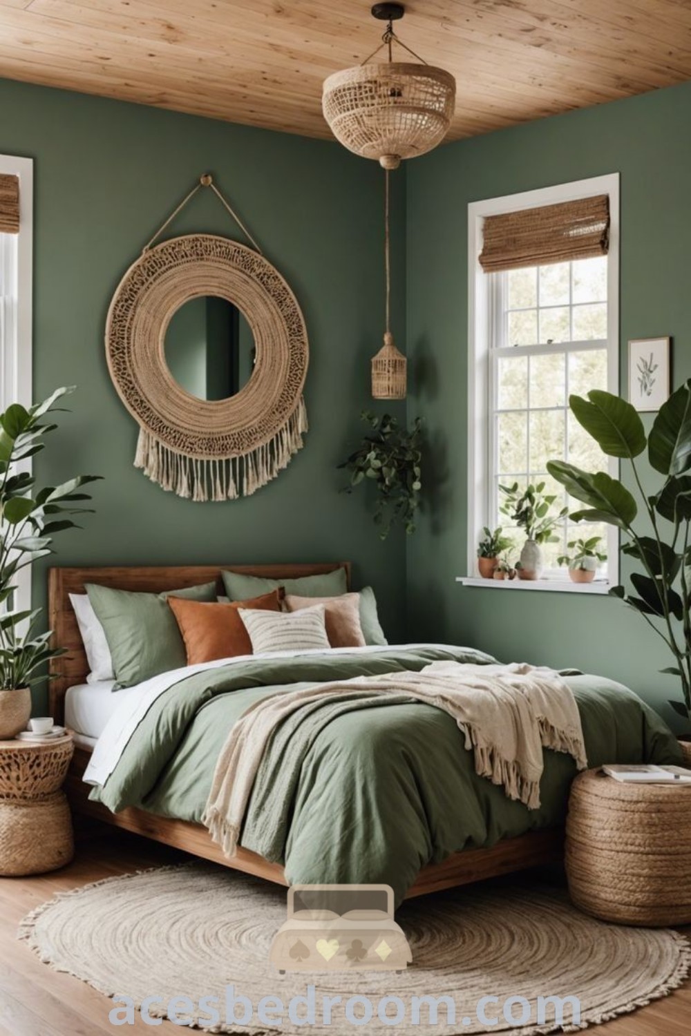 A bohemian-inspired bedroom decorated with green walls, wooden floors, and a round mirror above the bed, showcasing cozy design ideas and inspirations for a warm and sophisticated look. Stylish green decor ideas can be found at acesbedroom.com.