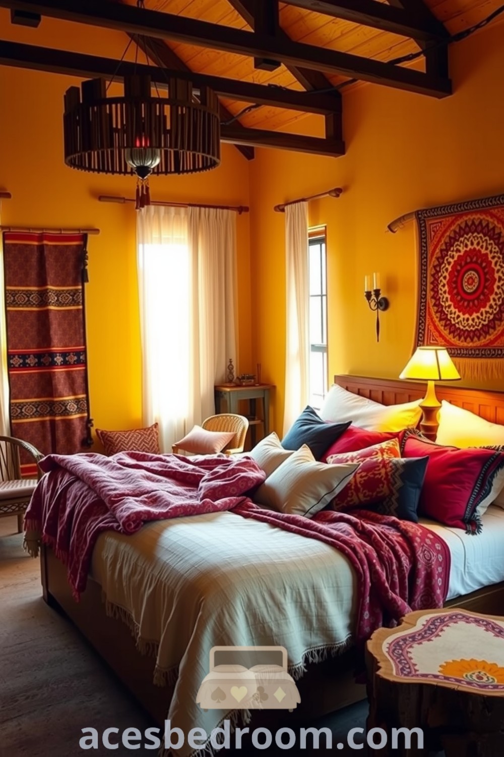 Cozy boho bedroom design with warm yellow walls, a large cushioned bed layered with textured throws and vibrant pillows, reclaimed wood accents, and natural light from sheer curtains, showcasing effortless inviting decor ideas on acesbedroom.com.