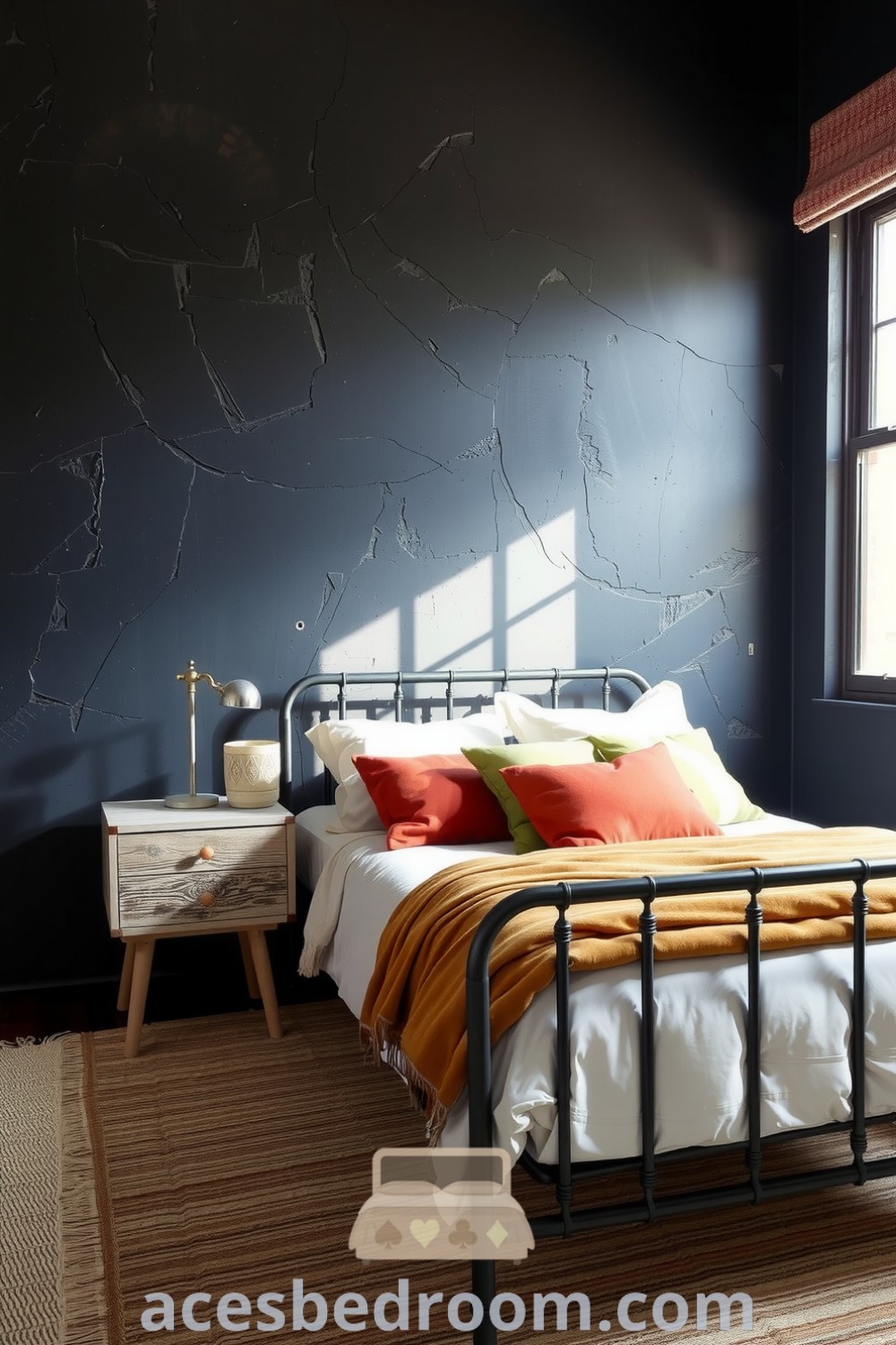 Cozy industrial bedroom featuring rough dark walls, a sleek metal bed with warm pillows, a weathered wooden nightstand with a vintage lamp, and woven textiles, showcasing design ideas for a warm and sophisticated look, inspired for your home, presented on acesbedroom.com.