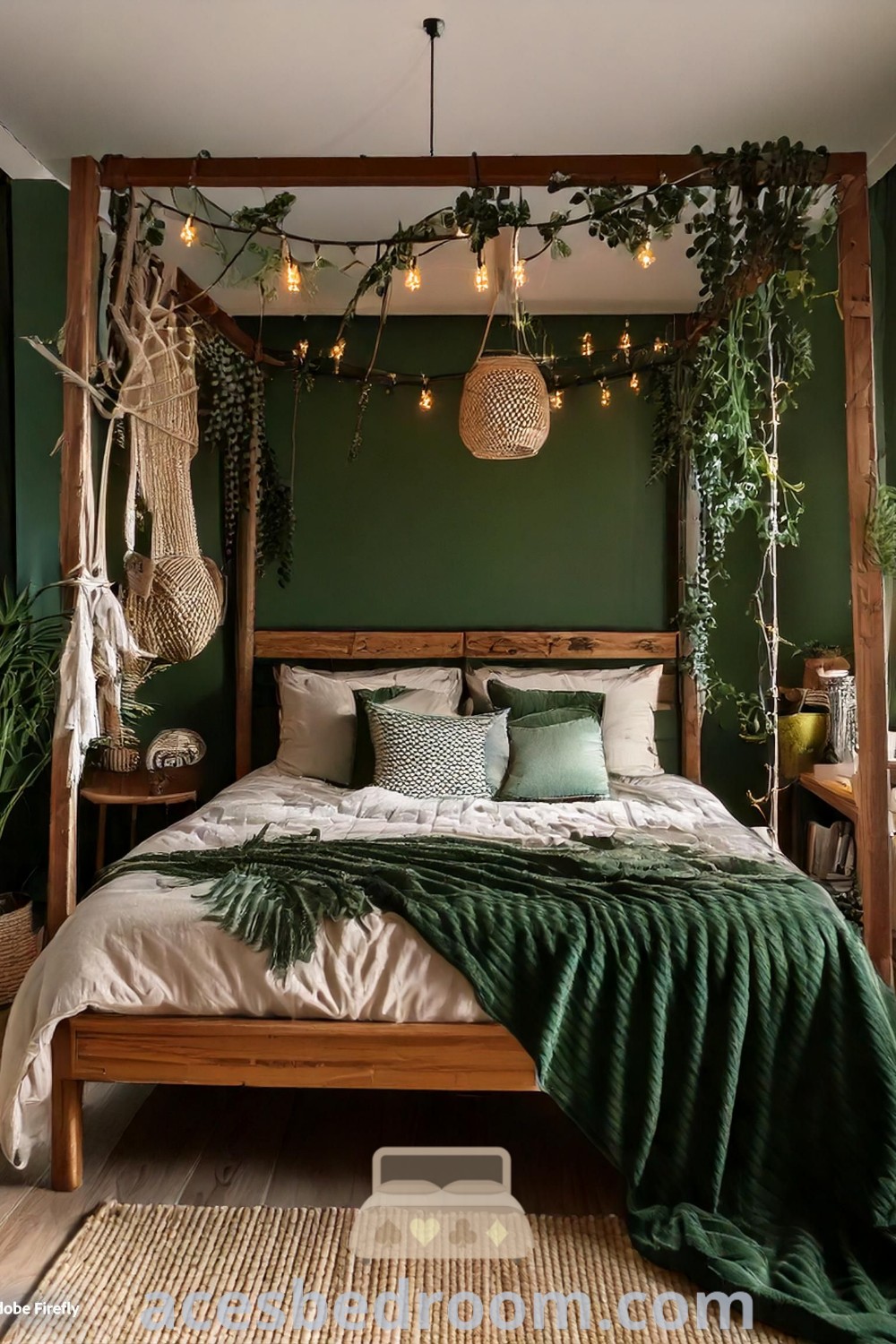 A cozy bedroom featuring emerald green walls, hanging plants from the ceiling, and stylish decor ideas that inspire a warm and sophisticated look. This space embodies unique green wood bedroom ideas and trendy dark green boho aesthetics, offering perfect inspirations for your home on acesbedroom.com.