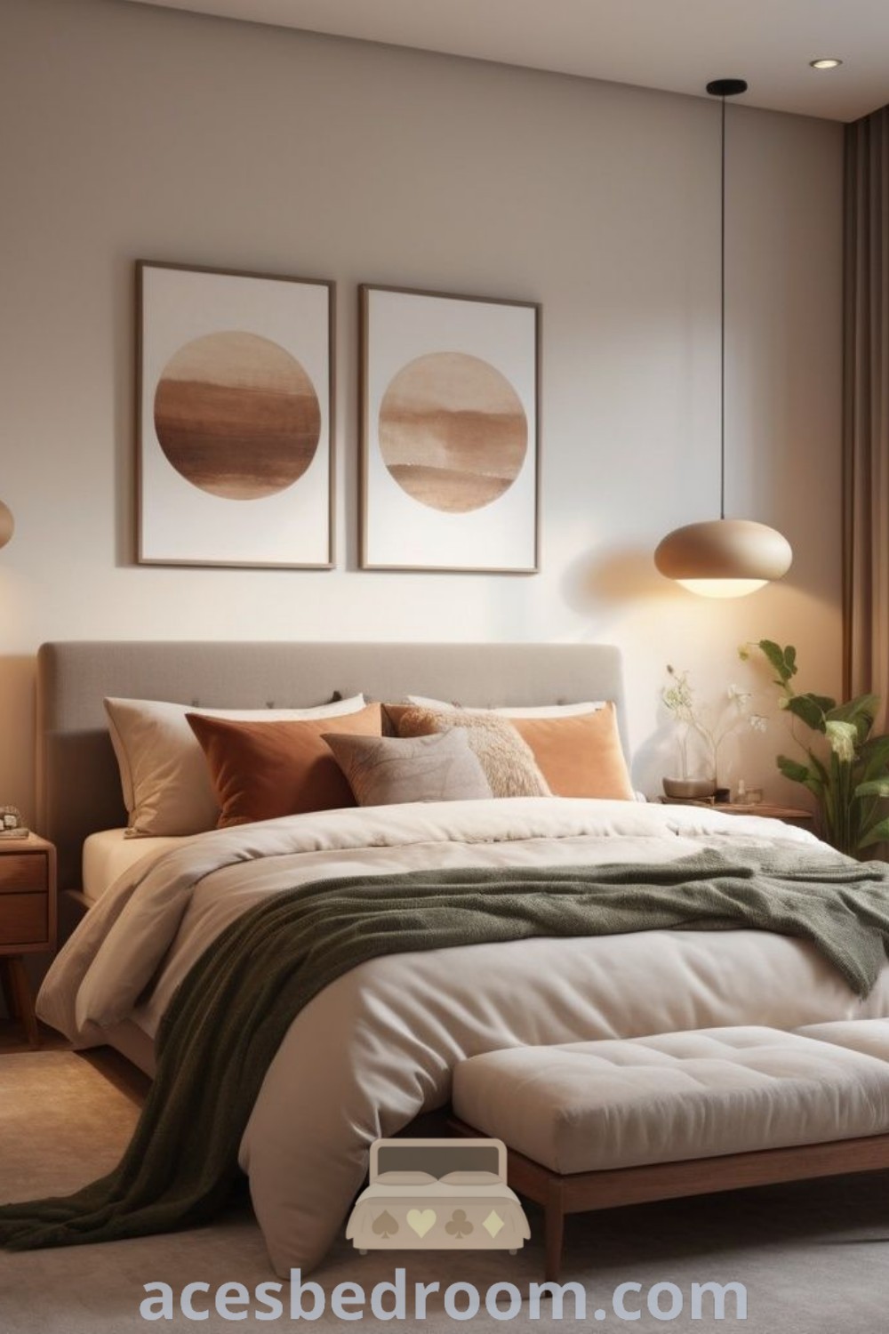 A cozy modern bedroom with a large bed beside a window, showcasing white walls and dark floors. This design exemplifies light color bedroom ideas and soft minimalist decor inspirations for a warm and sophisticated look. Explore more unique ideas at acesbedroom.com.