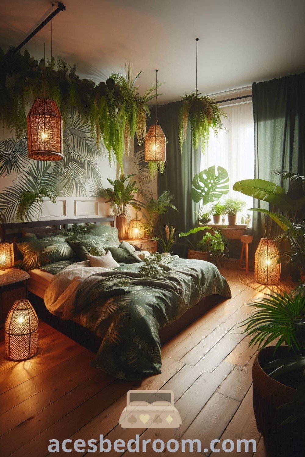 A cozy tropical jungle bedroom featuring dark wood furniture, leaf-patterned bedding, and soft green tones, creating a tranquil retreat. This rainforest-themed room offers unique decor ideas for a warm and sophisticated look. Find more inspiring design ideas at acesbedroom.com.