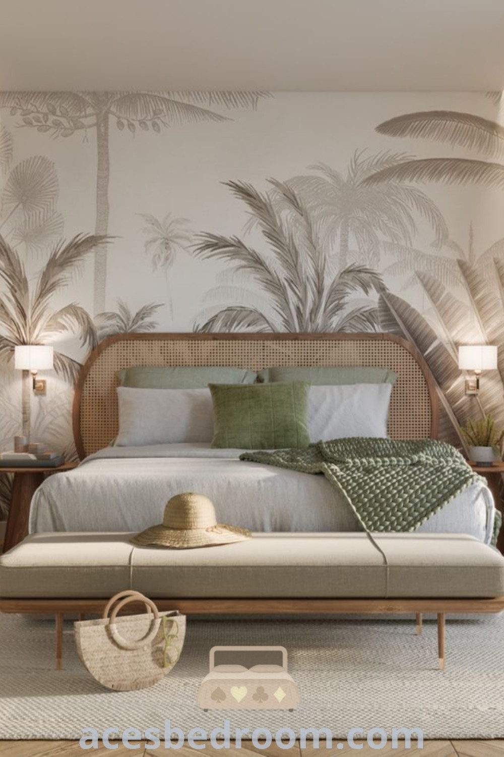 A cozy bedroom showcasing palm trees painted on the wall, with a stylish bed in the foreground. This design creates an inviting atmosphere, perfect for relaxation. Discover unique decor ideas and inspirations for your home at acesbedroom.com.