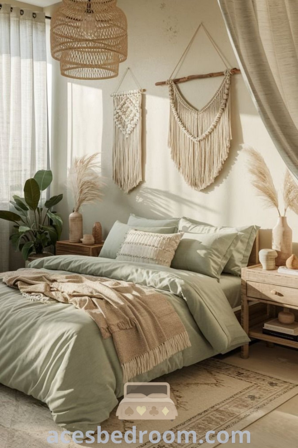 A beautifully designed boho bedroom with sage green bedding, a large bed, and soft curtains by the window, creating a cozy atmosphere. Discover inspiring design ideas for your home at acesbedroom.com, featuring stylish and unique decor inspirations for a tranquil bedroom space.