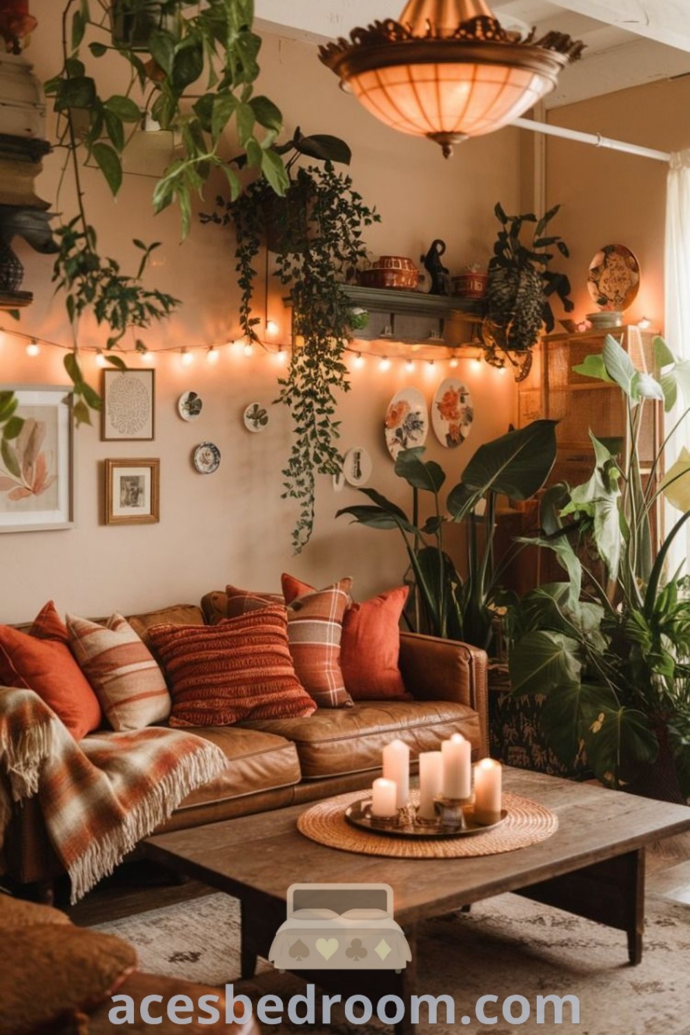 A vibrant bohemian living room filled with furniture and potted plants, highlighting a brown leather couch, showcasing cozy design ideas and decor inspirations for a warm and sophisticated look. Discover more at acesbedroom.com.