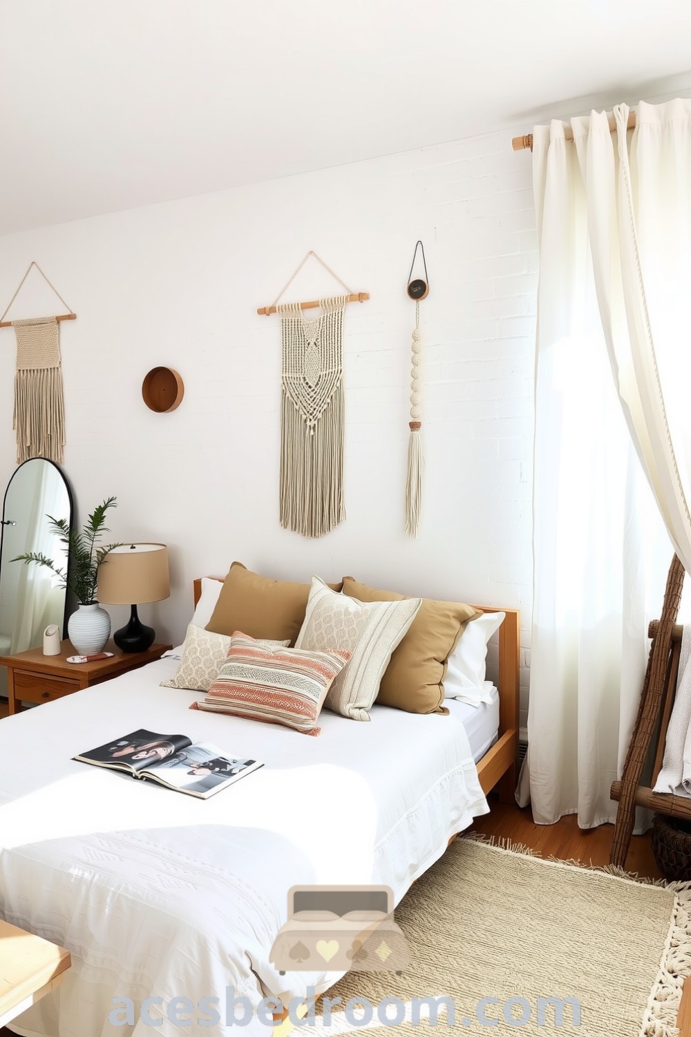 Cozy boho bedroom featuring a serene white palette, textured walls adorned with macramé hangings, layered earthy pillows, natural wood accents, and gentle sunlight through sheer curtains, showcased on acesbedroom.com.