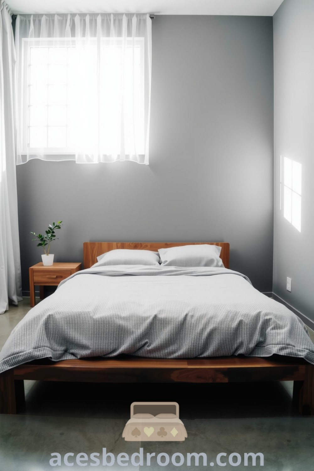 Cozy minimalist bedroom with cool grey walls, a platform bed adorned with a textured duvet, and a reclaimed wood bedside table, complemented by sheer curtains and a potted plant, offering ideas for a serene and stylish retreat, showcased on acesbedroom.com.