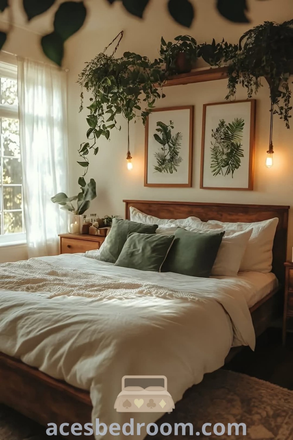 A cozy boho bedroom with white sheets and pillows, accented by two plants on the wall, showcasing stylish decor ideas for small spaces. This design inspiration offers tips for creating a warm and sophisticated look, perfect for those seeking unique home decor ideas. Discover more at acesbedroom.com.