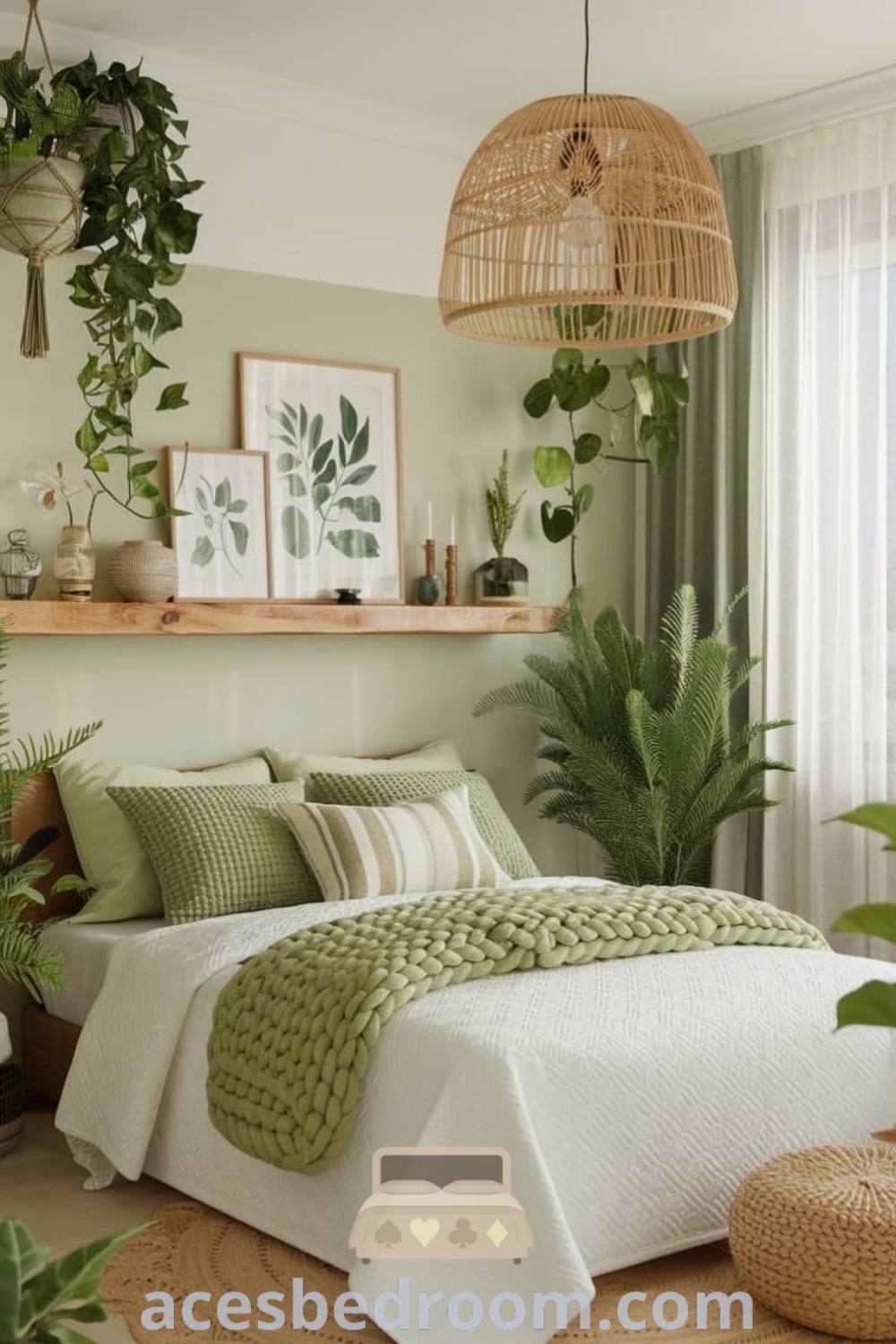 A cozy bedroom with white bedding and green walls, featuring potted plants and wall pictures, showcasing peaceful green bedroom decor ideas. This design captures a tranquil earth green aesthetic with natural inspirations, offering unique decor ideas for your home. Discover more at acesbedroom.com.