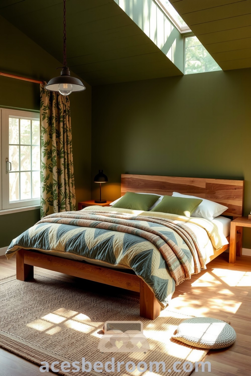 Cozy nature-inspired bedroom with soft green walls, a hand-crafted wooden bed, organic cotton quilts, a reclaimed wood bedside table with a lantern, and leafy-patterned curtains creating a serene atmosphere, featured on acesbedroom.com.