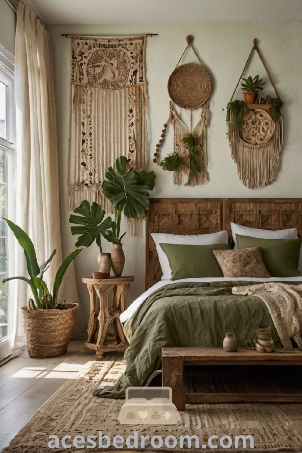 A cozy boho bedroom with a large bed and sage green bedding next to wall-mounted planters, showcasing a green accent wall. This inspiring space offers unique decor ideas for a warm and stylish home. Discover more decor inspirations at acesbedroom.com.