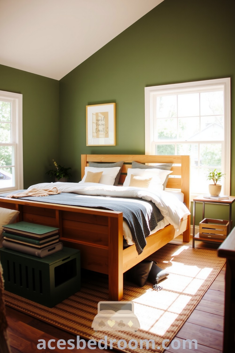 Cozy nature-inspired bedroom featuring green walls, a wooden bed frame, layered cotton bedding in earthy tones, vintage crate nightstands with potted plants, and a woven jute rug, designed for a warm and tranquil aesthetic, showcased on acesbedroom.com.
