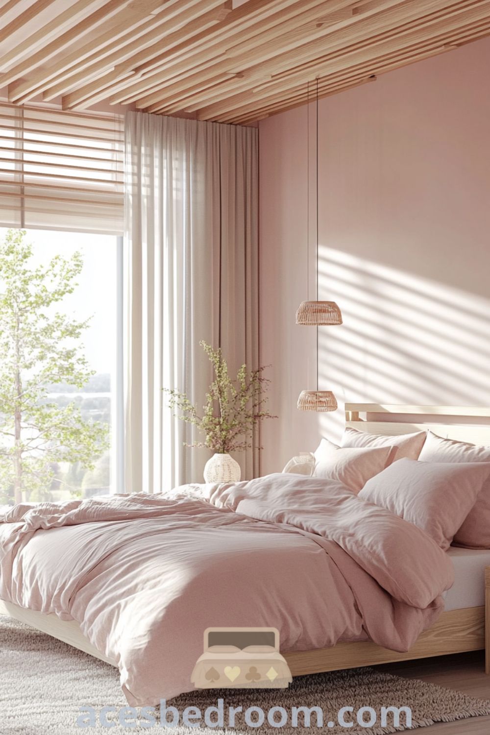 Cozy Scandinavian bedroom featuring soft pink hues, natural wood accents, blush and cream linen bedding, and a light-gray area rug, enhanced by natural light and creating a serene atmosphere, showcased on acesbedroom.com.