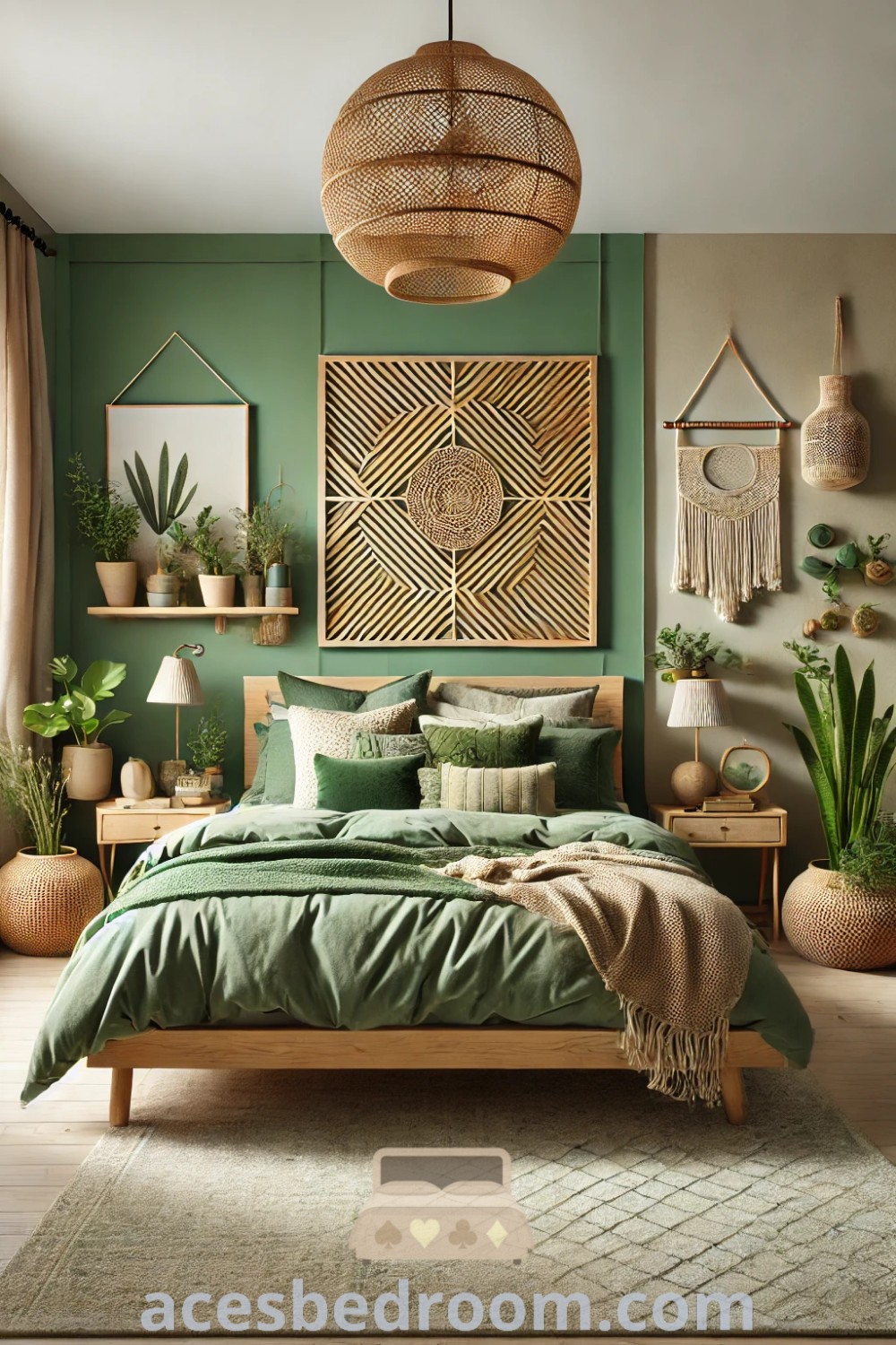 A boho green bedroom with earthy green walls, plants above the bed, and potted plants creating a cozy and inviting atmosphere. This inspiring space showcases unique ideas and design trends for a warm and sophisticated look. Experience more cozy home inspirations at acesbedroom.com.