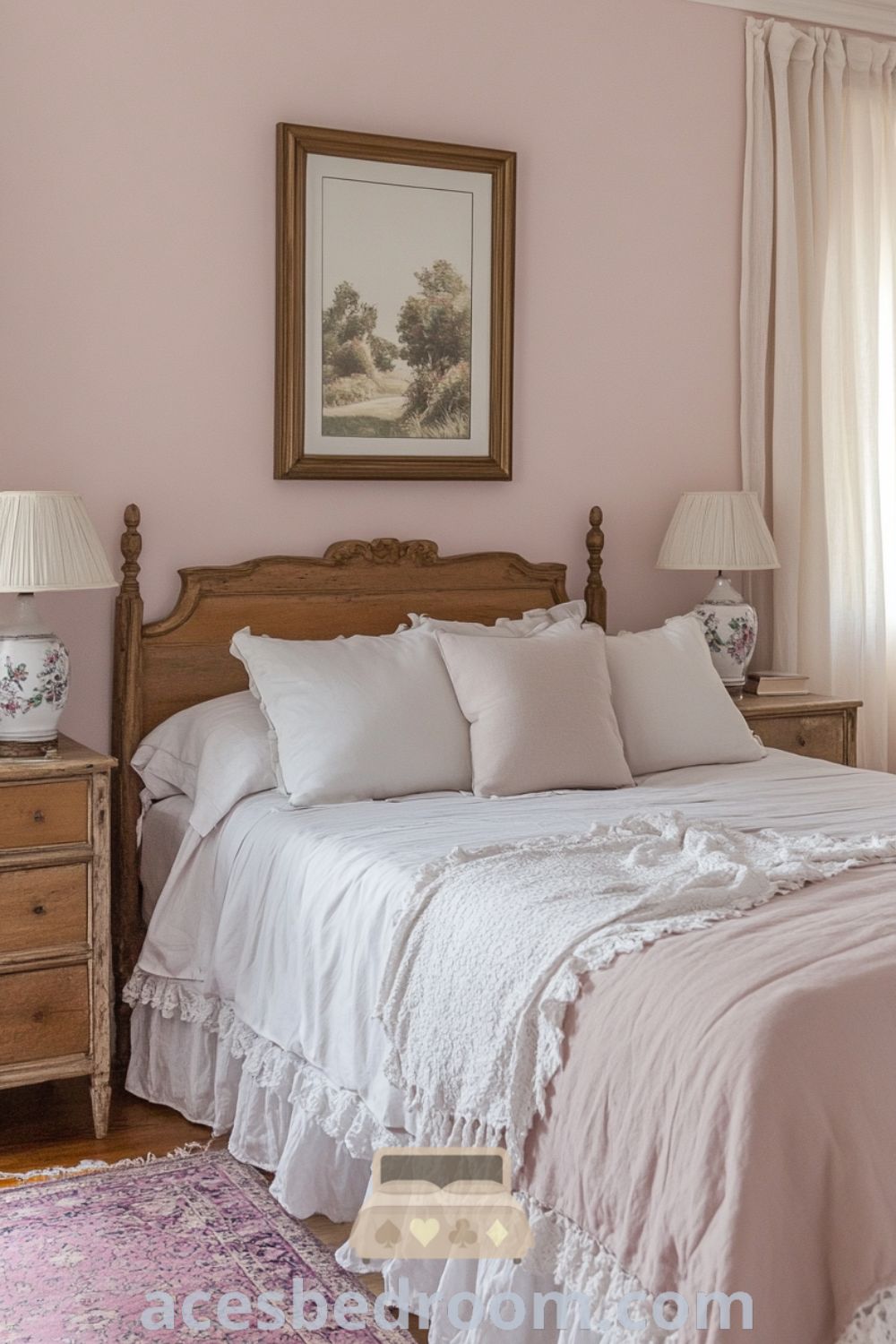 Cozy French country bedroom featuring soft pink walls, rustic wood accents, an antique-style bed with light ruffled bedding, vintage nightstands, ceramic lamps, and airy linen curtains for a warm and tranquil ambiance, highlighted on acesbedroom.com.