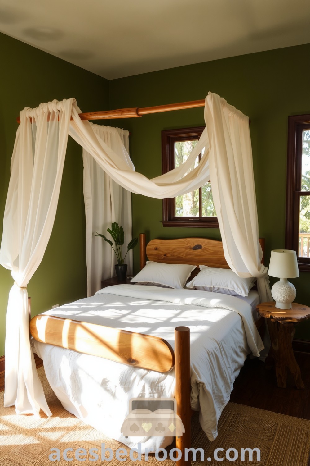Cozy nature-inspired bedroom featuring soft moss green walls, a wooden bed frame, light white drapes, and a handcrafted ceramic lamp on reclaimed wood furniture, designed to create a tranquil oasis for relaxation, showcased on acesbedroom.com.