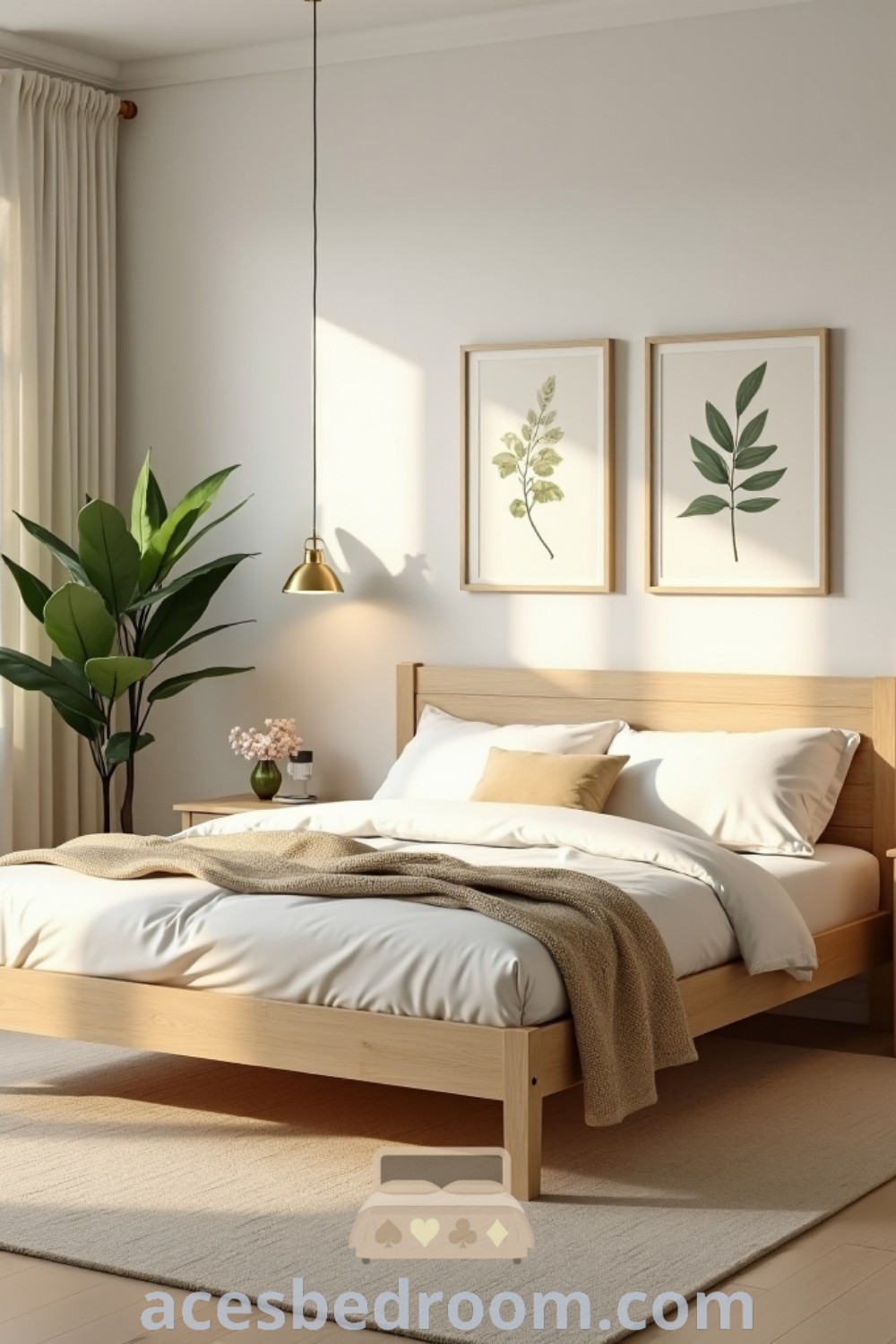 A light and airy bedroom showcasing a neatly made bed and two planters, embodying cozy home design ideas that emphasize simple bedroom decor. This inspiring room offers cozy inspirations, layered bedding, and stylish decor ideas, perfect for a sophisticated look. Discover more ideas for your home at acesbedroom.com.