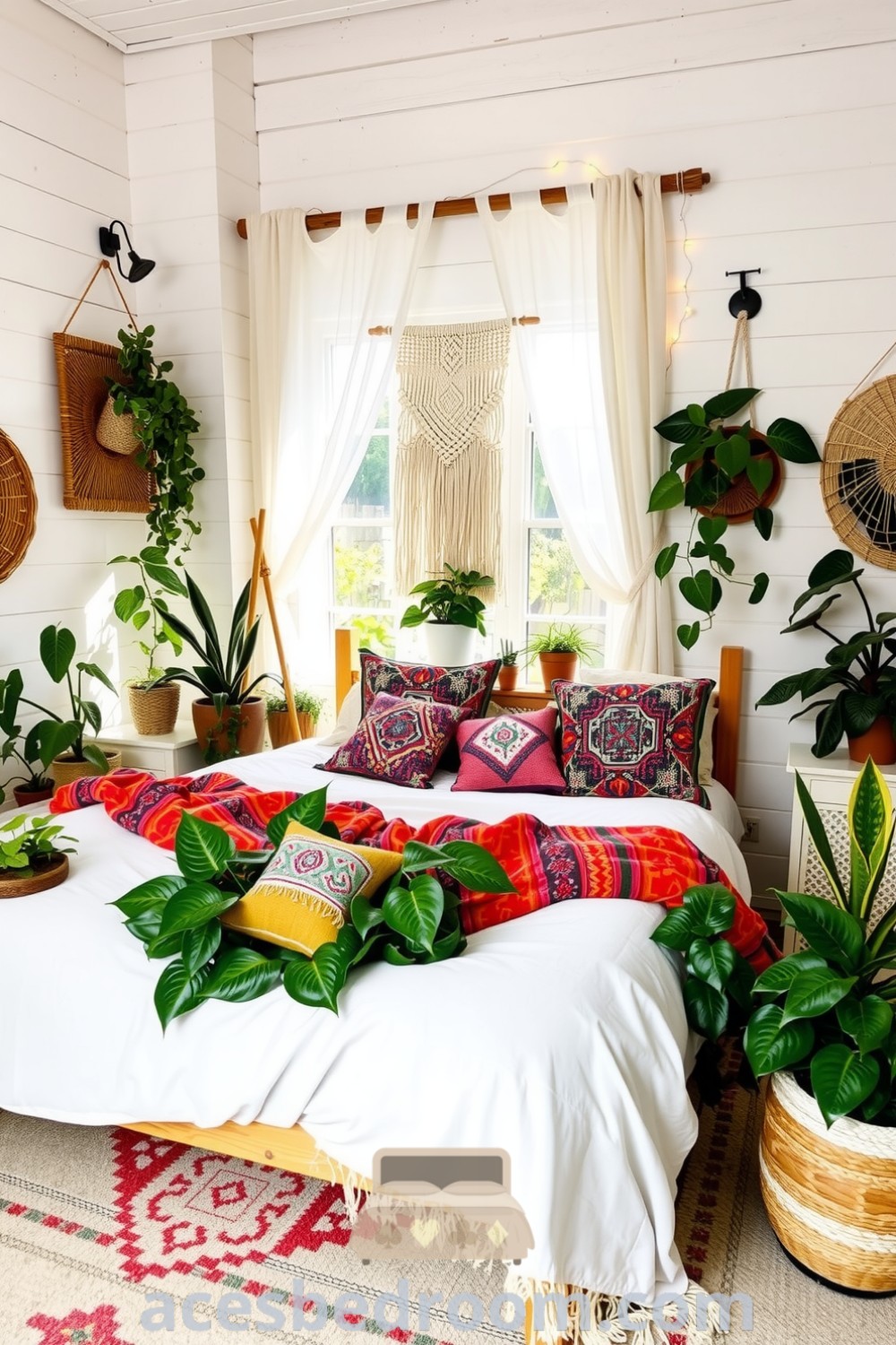 Cozy boho bedroom featuring a weathered wooden bed frame, fluffy white comforter, vibrant textiles, potted plants, macramé wall hanging, and fairy lights, creating an inviting atmosphere, showcased on acesbedroom.com.