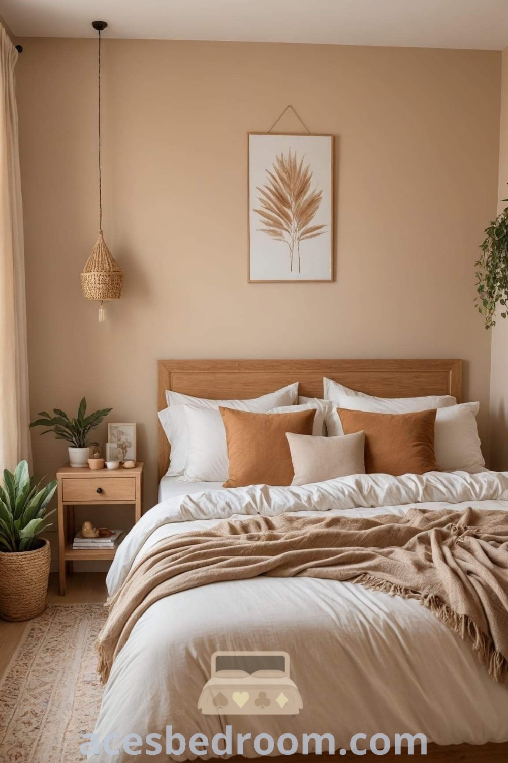 A beautifully designed bedroom with a large bed and potted plants, showcasing cream walls and tan room aesthetics. This cozy and inviting space demonstrates stylish bedroom ideas for married couples and offers inspiring beige small bedroom decor ideas. Discover more at acesbedroom.com.