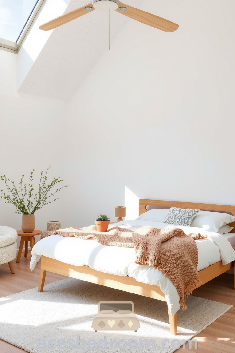 Cozy Scandinavian bedroom featuring a light wood bed frame, pale textured walls, knitted throws, and minimalist decor with a potted plant and natural wood bedside table, illuminated by large windows, designed for a warm and sophisticated look, showcased on acesbedroom.com.