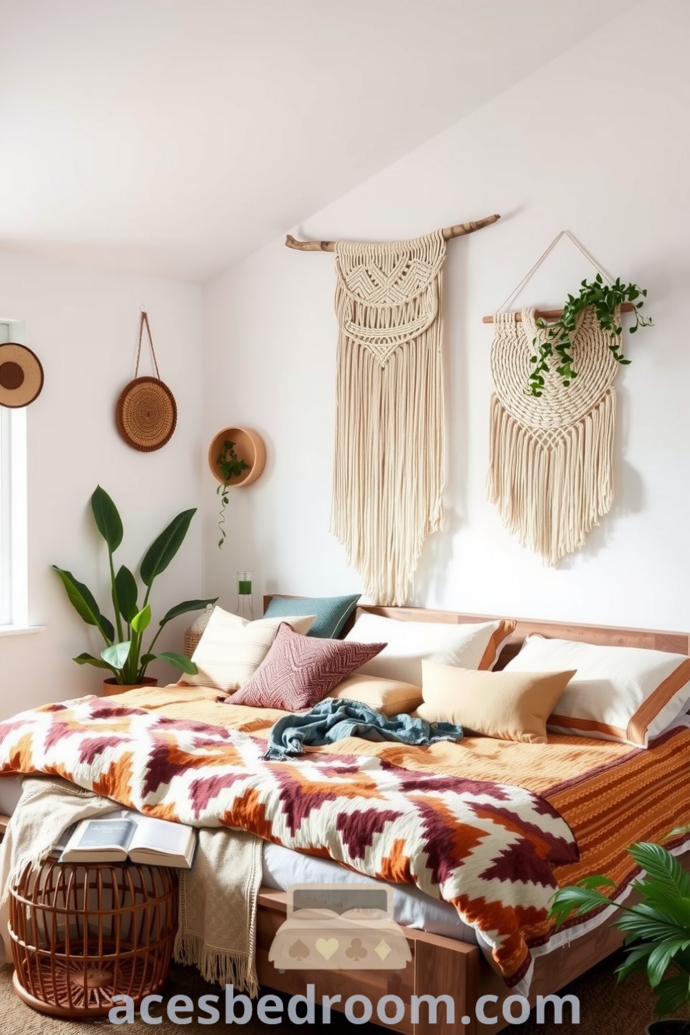 Cozy boho bedroom with white walls, macramé wall hanging, reclaimed wood bed frame, layered quilts in earthy tones, and potted plants, showcasing design ideas for a warm and sophisticated look, featured on acesbedroom.com.