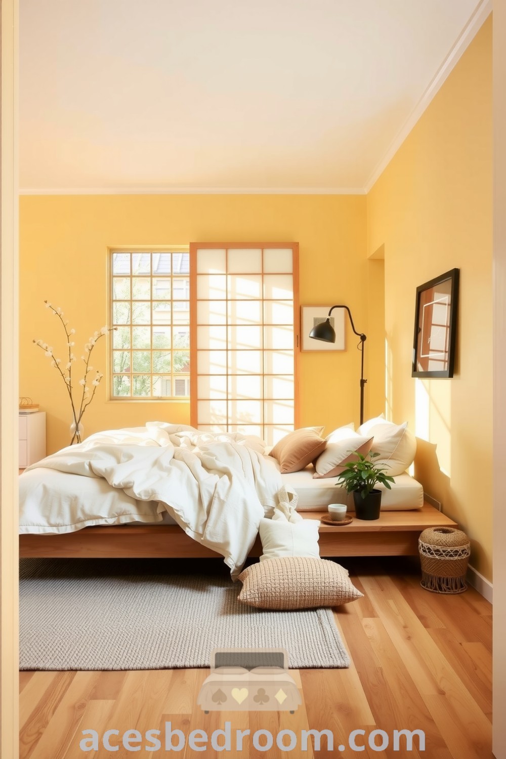 Cozy Japandi bedroom with a soft yellow hue, low wooden bed with linen and cotton layers, shoji screens filtering sunlight, a woven rug, and potted plants creating a warm and tranquil atmosphere for inspiration, featured on acesbedroom.com.