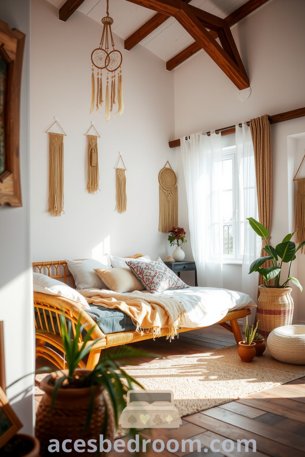 Cozy boho bedroom featuring whitewashed walls, macramé hangings, a rattan bed frame, soft pastel textiles, stray plants in clay pots, and natural light pouring through sheer curtains, providing design ideas for a warm and sophisticated look, showcased on acesbedroom.com.