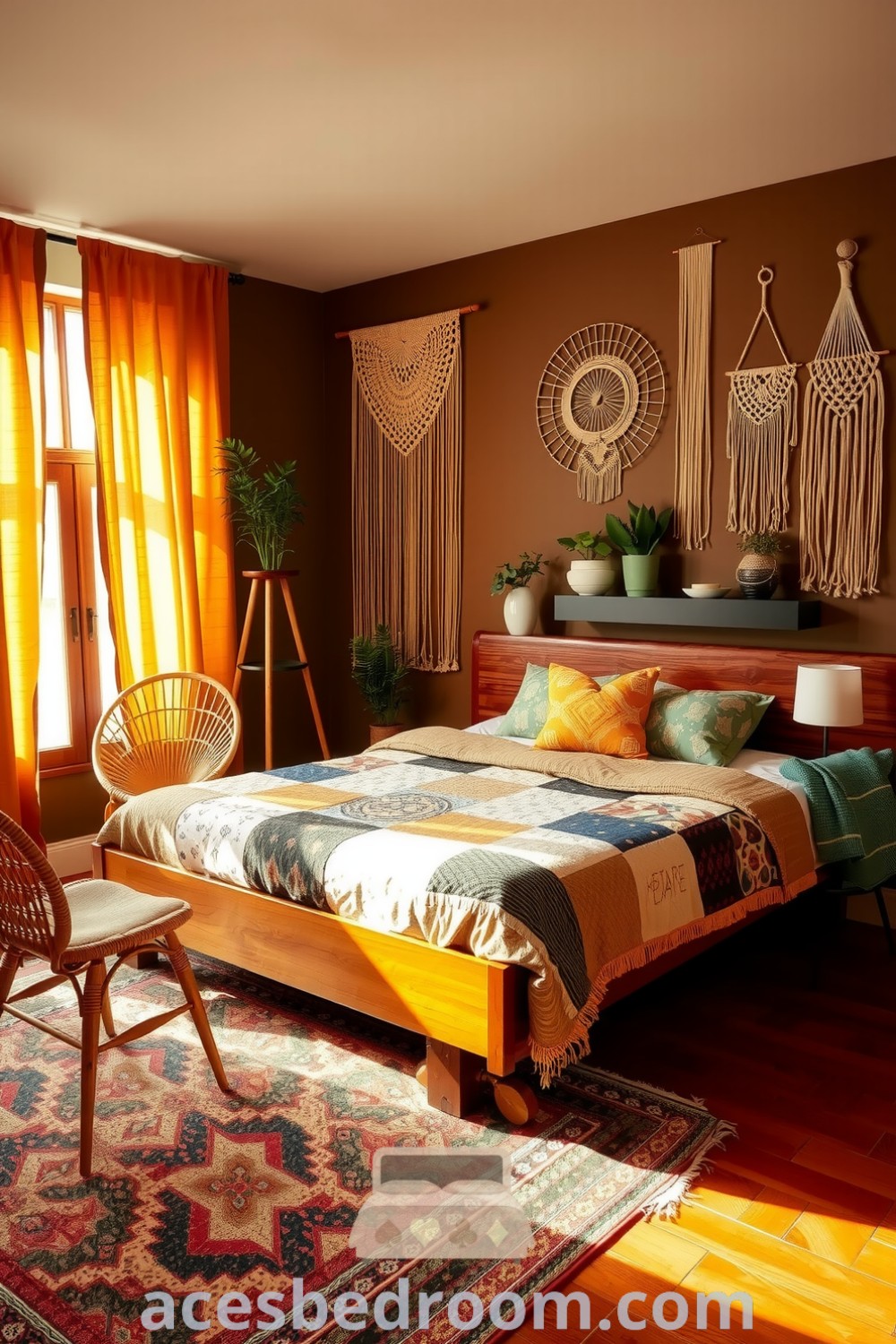 Cozy boho bedroom featuring a wooden bed frame with a patchwork quilt, macramé wall hangings, potted plants, a woven rattan chair, and an earthy rug, providing design ideas for a warm and sophisticated look, showcased on acesbedroom.com.