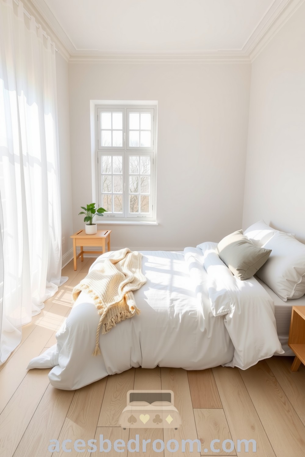 Cozy Scandinavian bedroom featuring pale wood floors, soft white linens, a hand-knit throw, and a potted plant, creating a warm and inviting atmosphere illuminated by natural light, shared on acesbedroom.com.