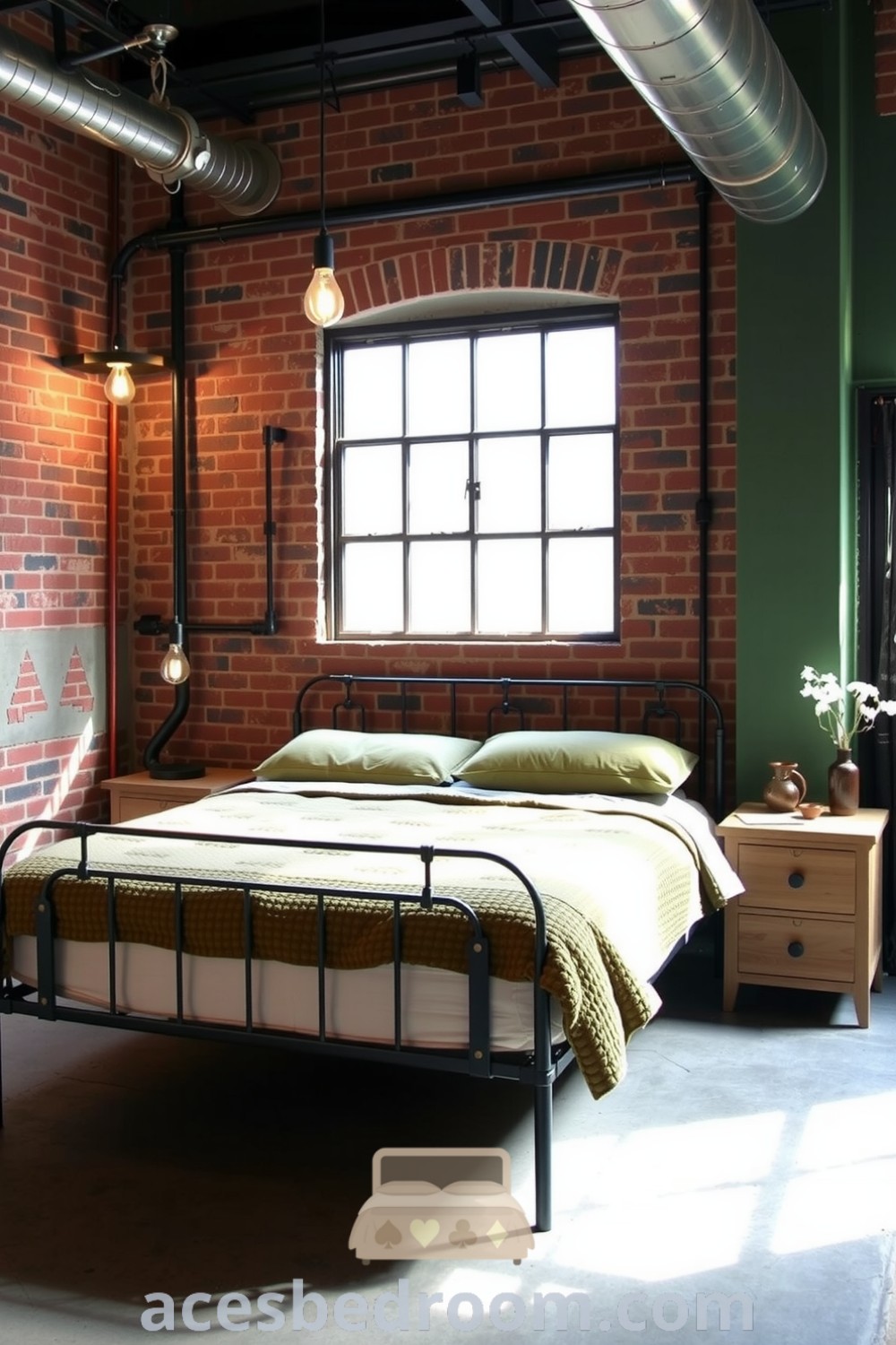 Cozy industrial bedroom featuring raw brick walls, metal bed frame, olive-green quilt, wooden nightstands, and Edison bulb lighting, showcasing design ideas for a warm and sophisticated look, presented on acesbedroom.com.