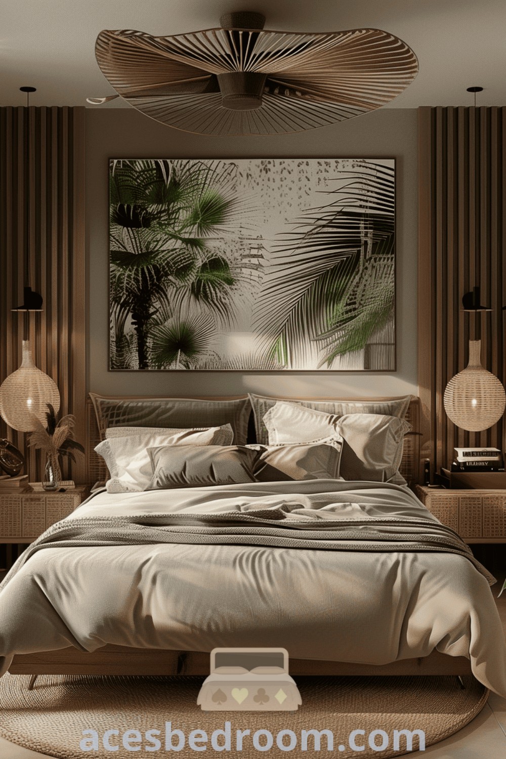 A serene Bali style bedroom featuring a large bed next to a tall palm tree mural, embodying tropical inspiration and decor ideas for a cozy home. Discover design trends and unique ideas for stylish, tranquil spaces at acesbedroom.com.
