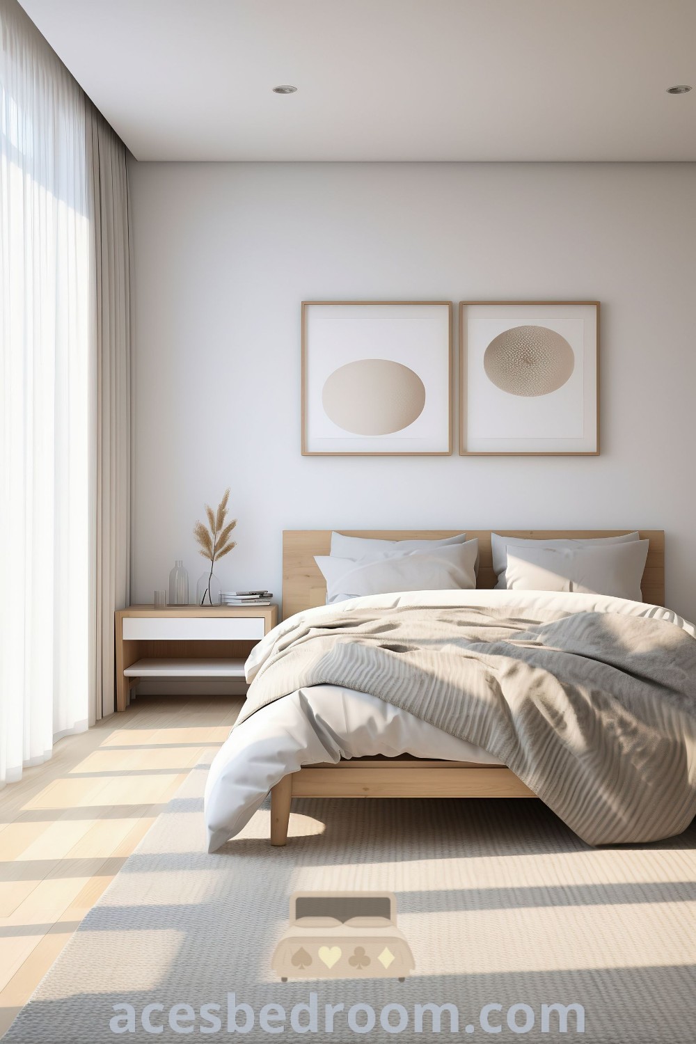 A minimalist cozy bedroom showcasing a large bed next to two pictures on the wall, featuring wooden accents and white bedroom furniture. The design reflects Scandinavian interior bedroom trends and offers unique ideas for a warm and sophisticated look. Discover more cozy decor ideas at acesbedroom.com.