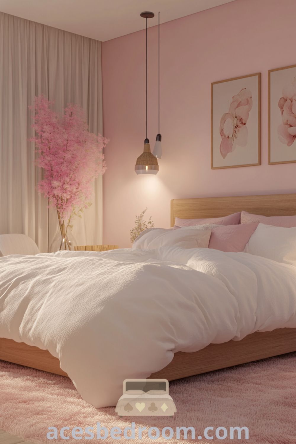 Cozy Scandinavian bedroom with soft pink walls, natural wood furnishings, white duvet, light oak bedside tables, brushed metal accents, and a plush wool rug, highlighting cozy and inviting decor ideas for a serene retreat, featured on acesbedroom.com.