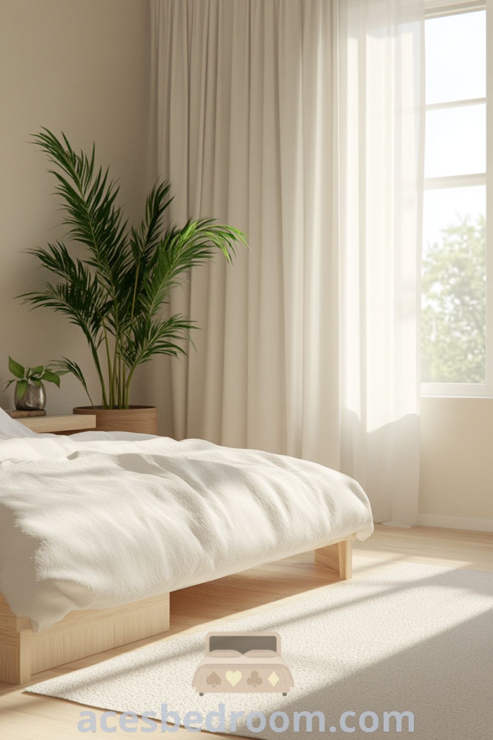 Serene minimalist bedroom design on acesbedroom.com showcasing soft beige walls, minimalist furniture, calming design, and a peaceful environment.