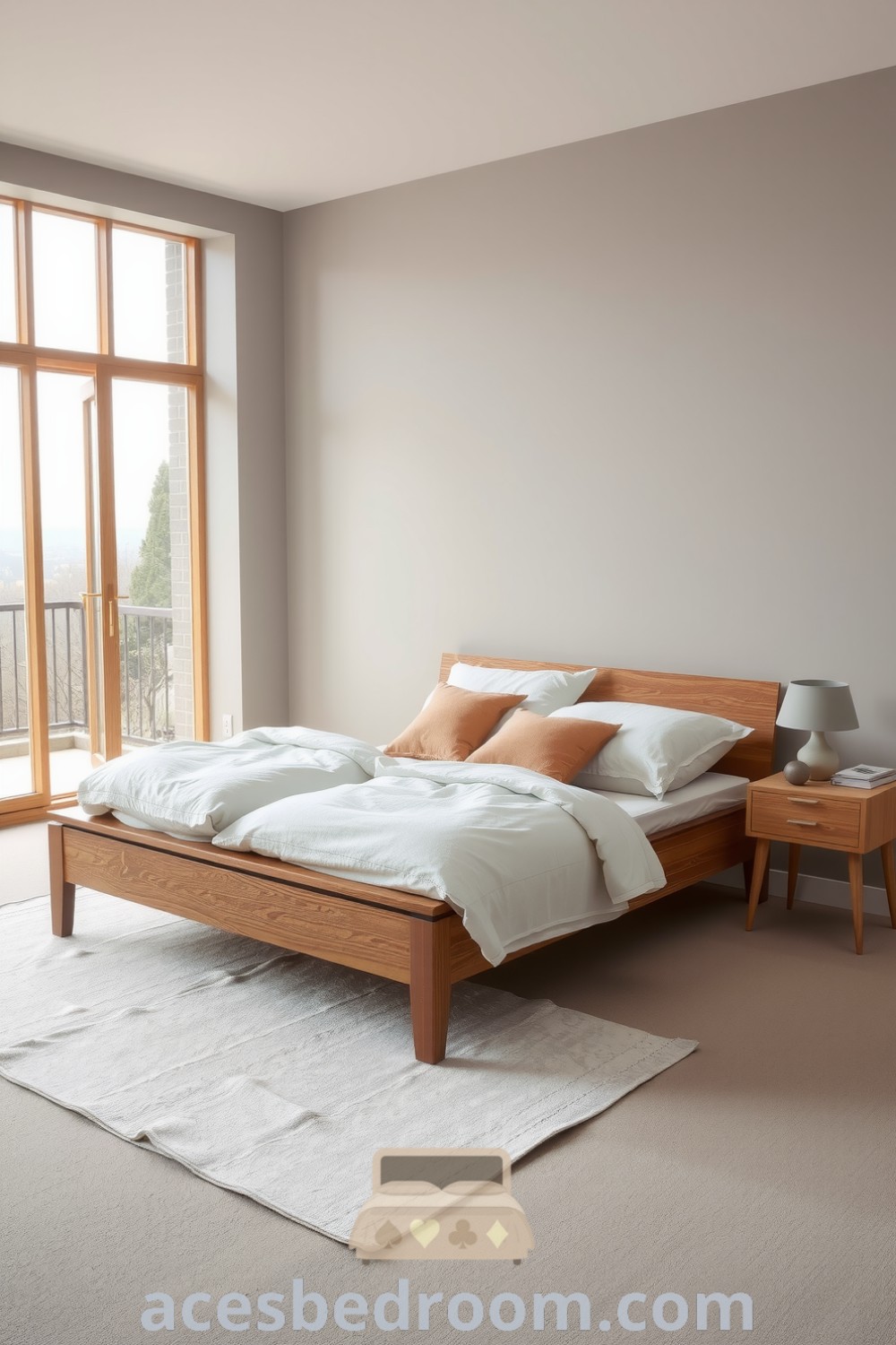 Cozy Japandi bedroom featuring grey tones, a low-profile wooden bed, airy linens, plush cushions, a light oak nightstand, and a ceramic lamp, designed for a warm and sophisticated look, showcased on acesbedroom.com.