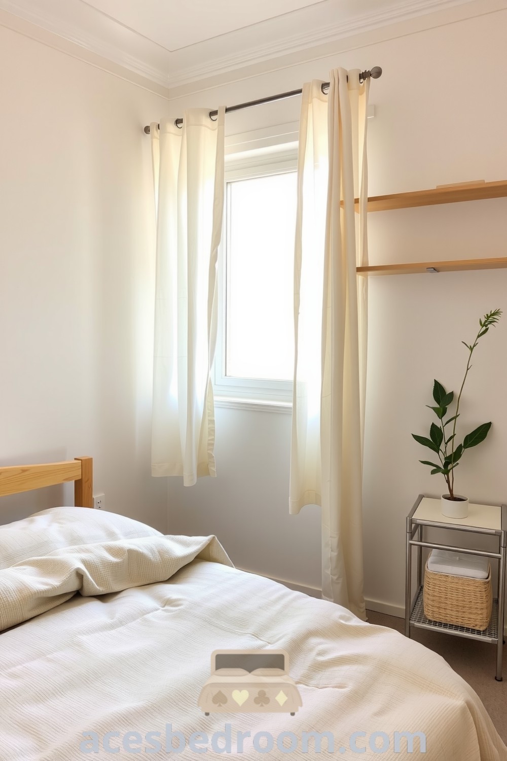 Cozy minimalist bedroom featuring soft beige walls, wooden bed frame, textured cotton duvet, threadbare linen curtains, and a potted plant on a side table, showcasing design ideas for a warm and sophisticated look, available at acesbedroom.com.