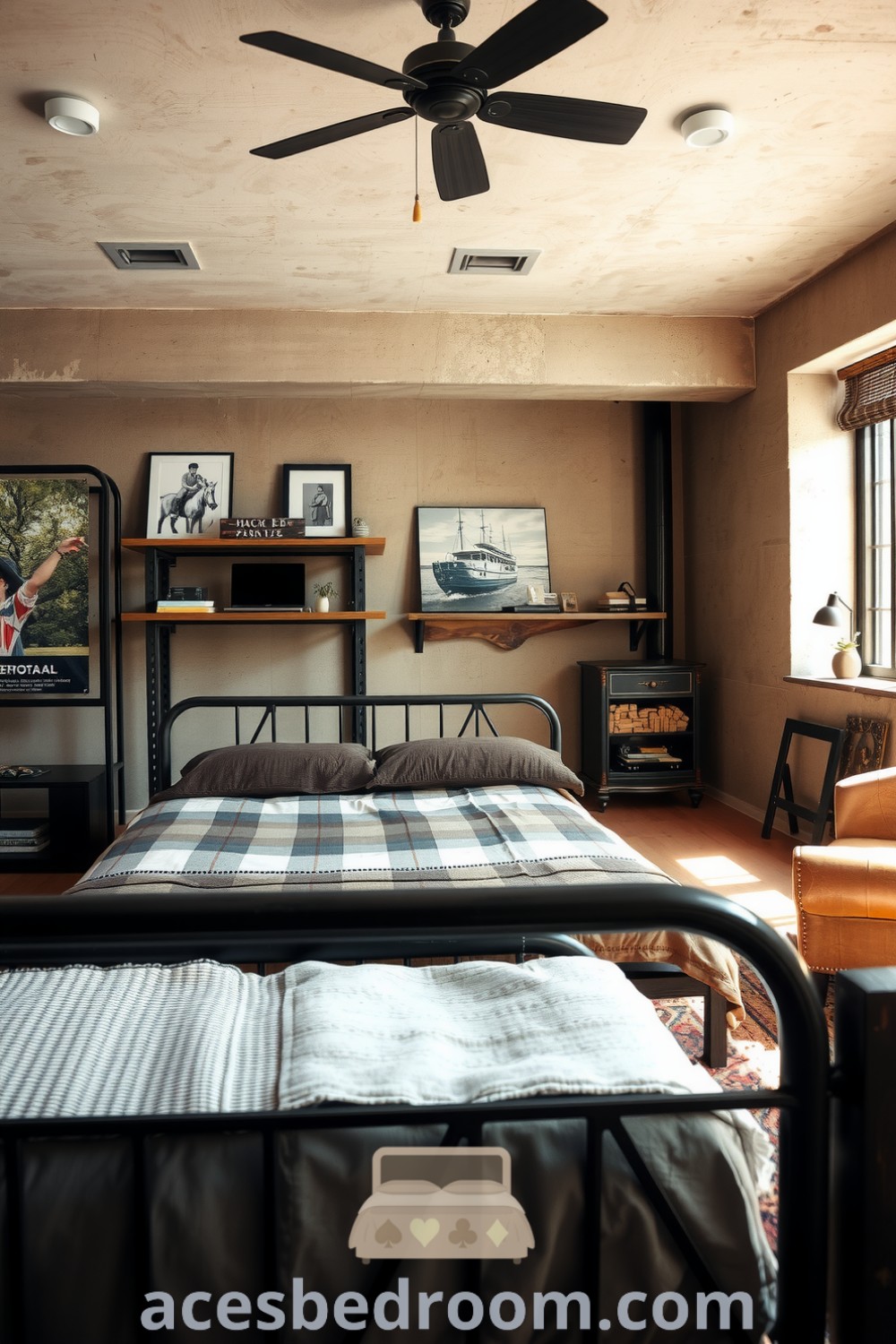 Cozy industrial bedroom featuring beige concrete walls, a sturdy iron bed frame with a neutral quilt, rustic wooden shelves, and a vintage leather chair, creating an inviting atmosphere with sunlight filtering through large windows, showcased on acesbedroom.com.
