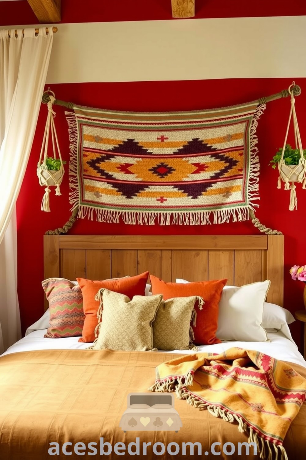Cozy Boho bedroom featuring deep red accent walls, a handwoven tapestry, colorful cushions, and macrame hanging planters, creating a warm and inviting atmosphere for a stylish retreat, showcased on acesbedroom.com.