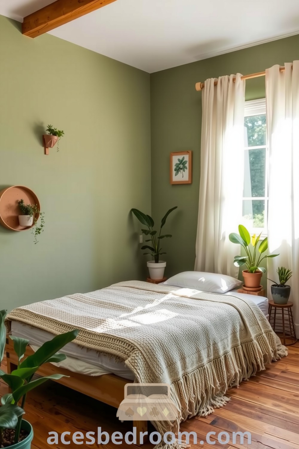 Nature bedroom with earthy green walls, reclaimed wooden bed frame, cozy knitted blanket, and potted plants, showcasing serene decor ideas for a calm and inviting atmosphere, featured on acesbedroom.com.