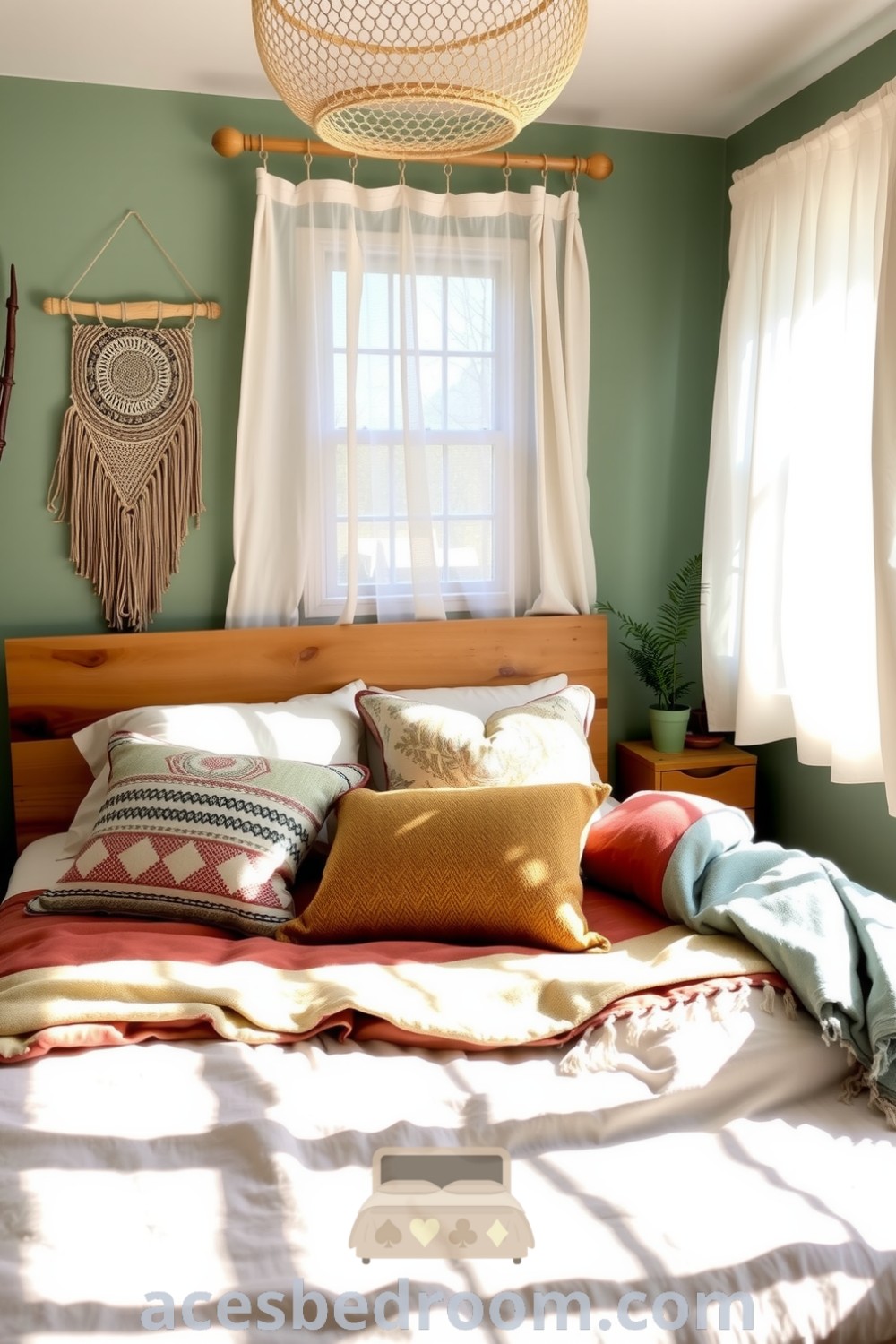 Cozy boho bedroom with soft green walls, a wooden bed frame, and layered earthy throw pillows, featuring vintage decor and natural light, creating a tranquil atmosphere for relaxation, showcased on acesbedroom.com.