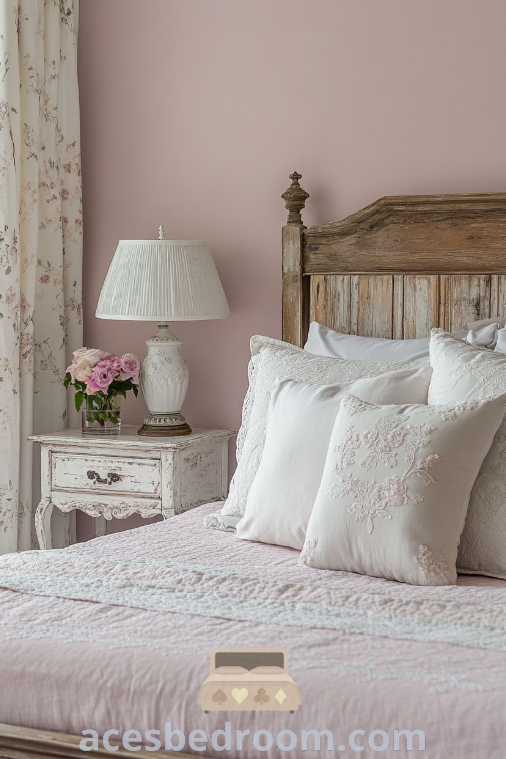 Cozy French country bedroom featuring soft pink walls, a rustic wooden bed frame with a blush duvet and embroidered pillows, vintage bedside tables with ceramic lamps, and sheer curtains, designed for a warm and sophisticated look, showcasing ideas for inspiration on acesbedroom.com.