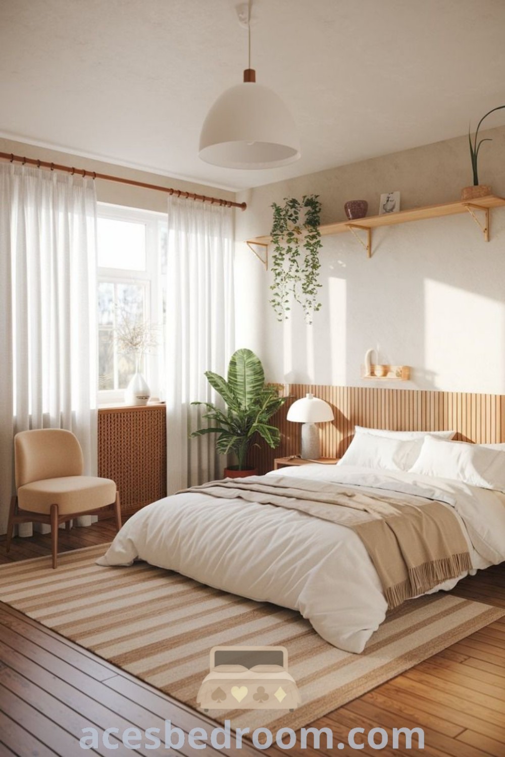 A cozy Scandinavian minimalist bedroom showcasing a bed on a wooden floor beside a window, perfect for inspiring small Scandinavian bedroom ideas and a sustainable decor aesthetic. This design emphasizes light wood room appeal and cozy inspirations for a warm and sophisticated look. Discover more design tips at acesbedroom.com.