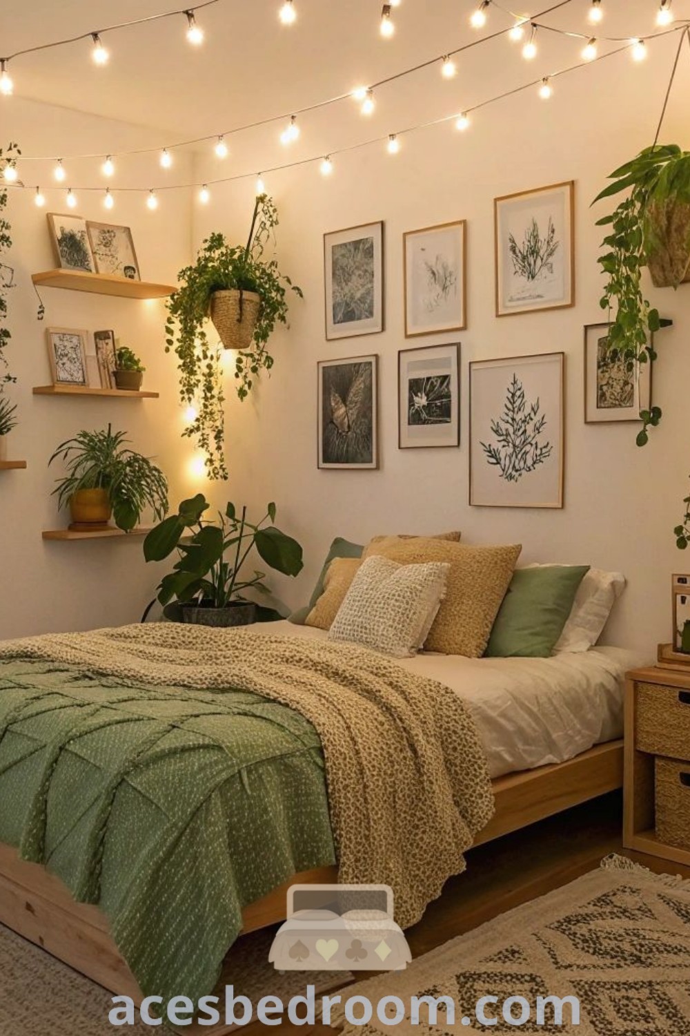 A cozy boho bedroom showcasing a neatly made bed surrounded by lush plants and a stunning plant wall that enhances the warm aesthetic. This inviting space offers unique decor ideas that inspire a tranquil atmosphere for a cozy home experience. Discover more captivating design inspirations at acesbedroom.com.