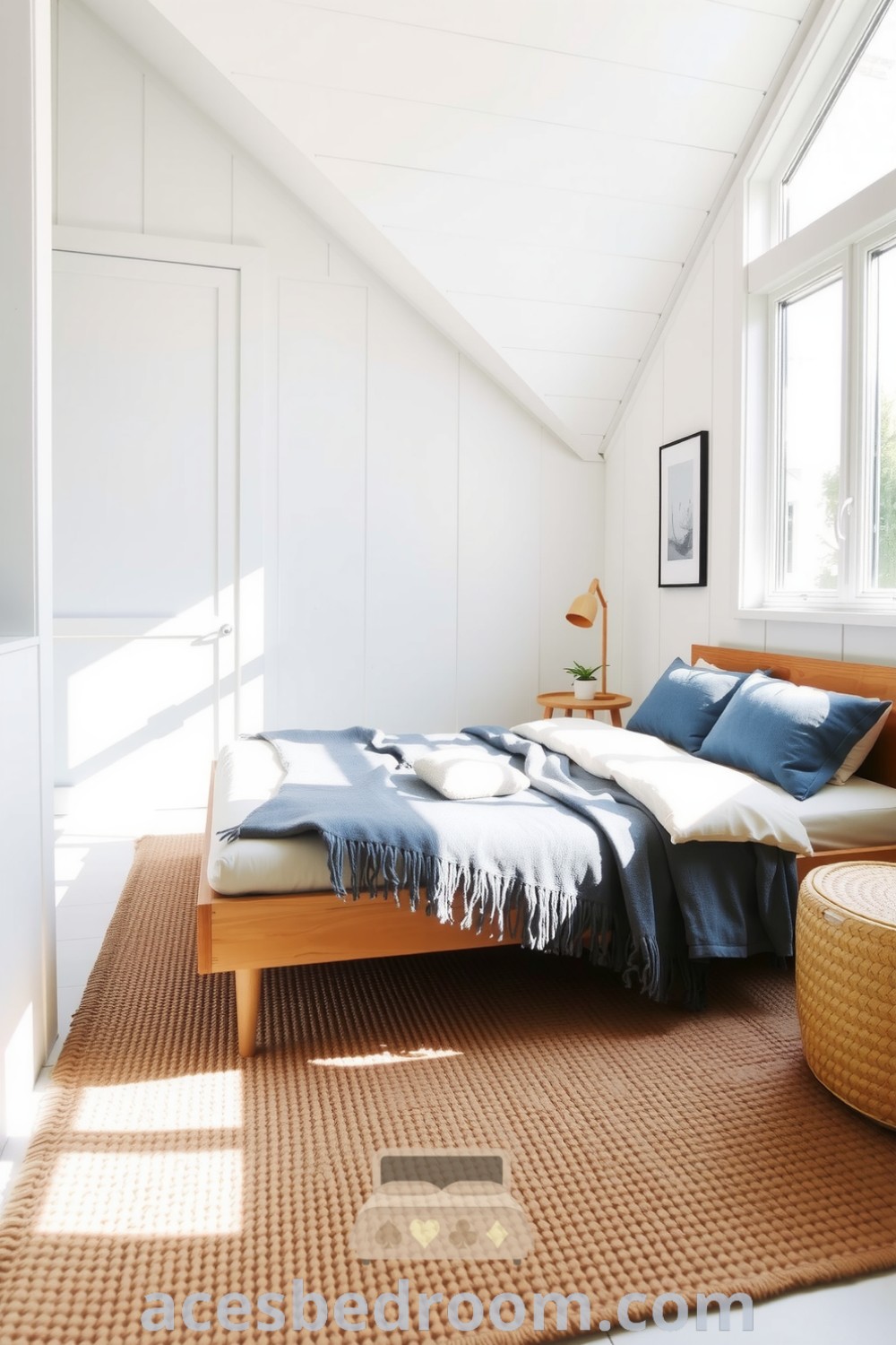 Cozy Scandinavian bedroom featuring soft white walls, light wood accents, a low-profile wooden bed with a gray blanket and muted blue pillows, natural light from a large window, and simple decor like a potted plant and a handcrafted lamp, showcased on acesbedroom.com.